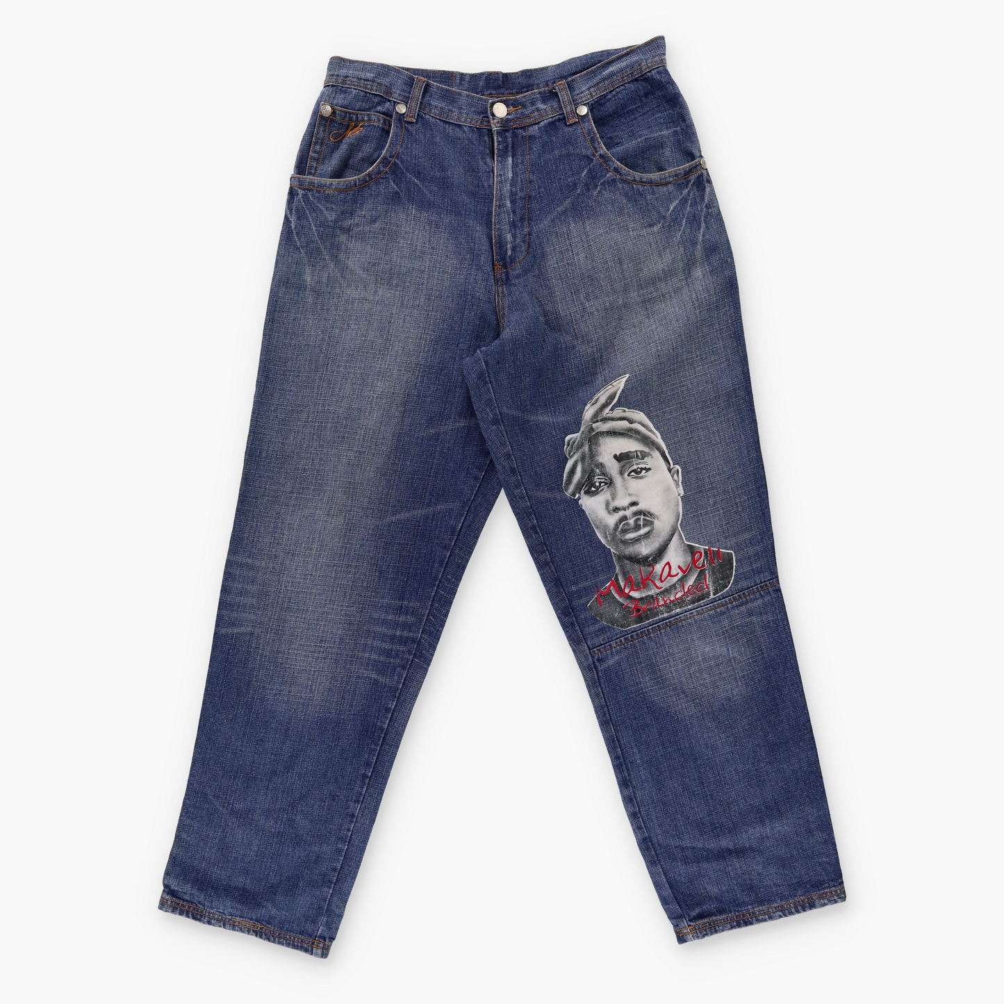 MAKAVELI BRANDED Y2K 2 Pac Rapper Embroidered Jeans (36)
