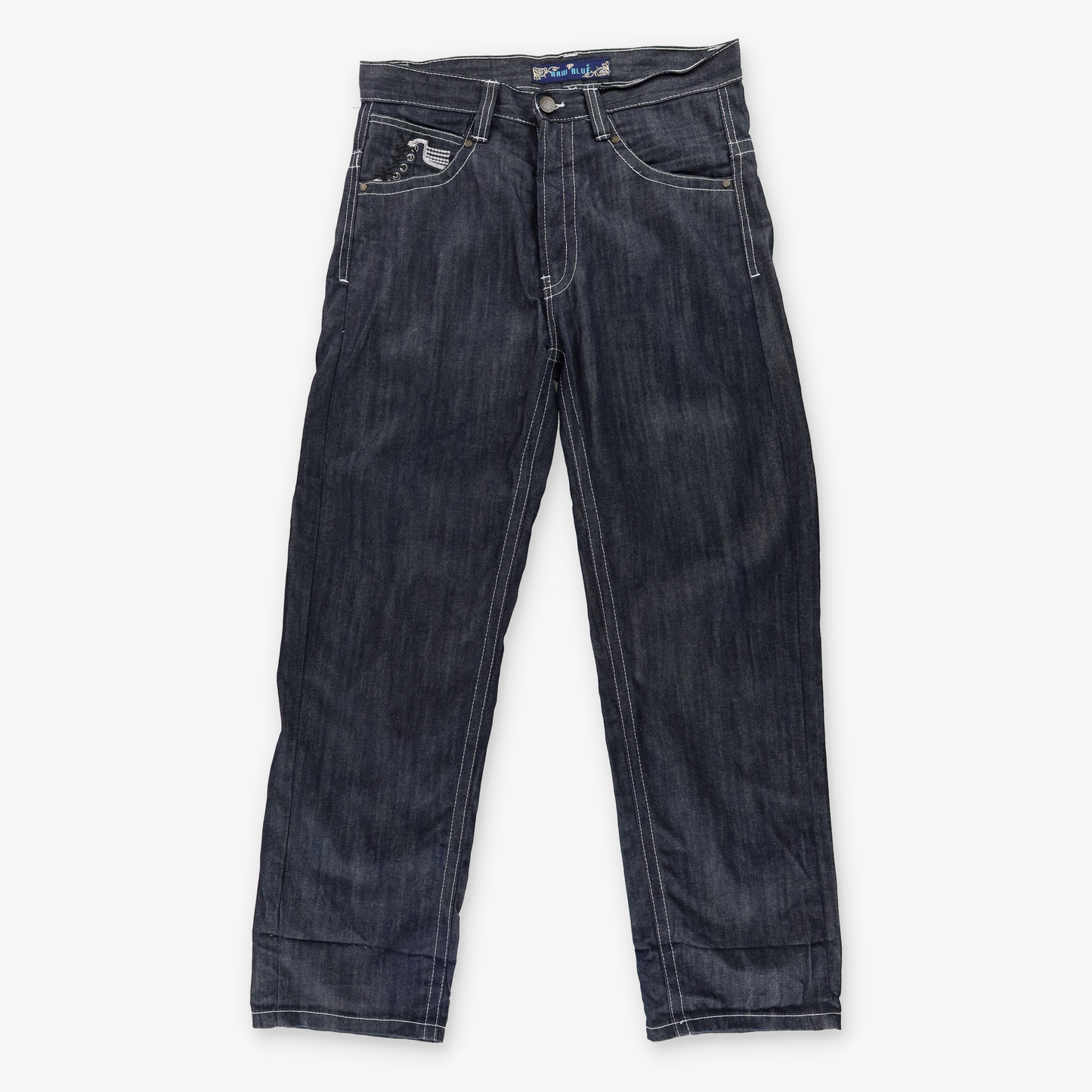 RAW BLUE Y2K Embroidered Sneaker Lace Dark Wash Jeans (34x32)