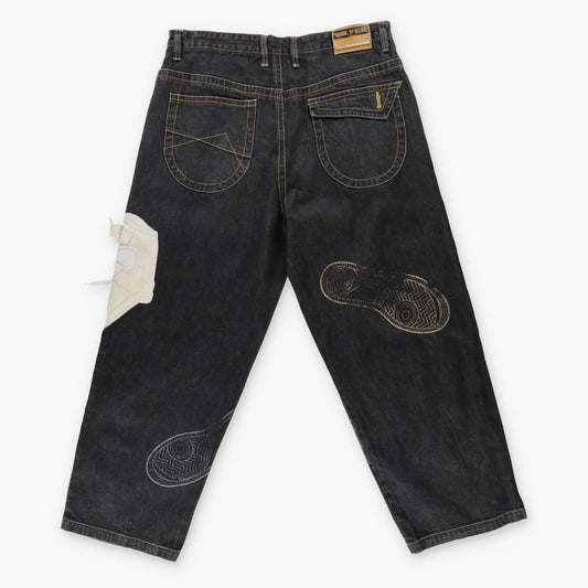 RAW BLUE Y2K Embroidered 3D Shoe Lace Footprint Black Jeans (38x31) Vintage Sole Melbourne