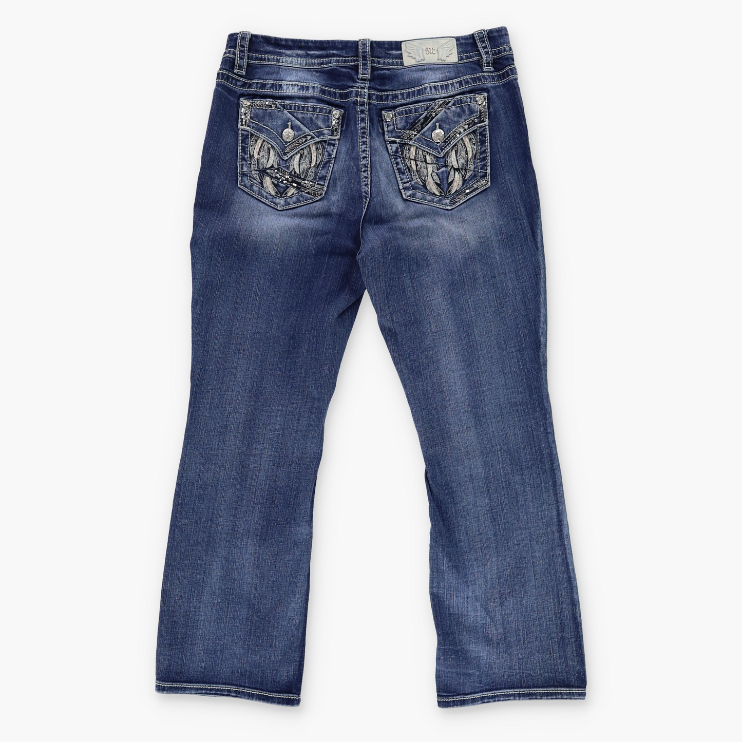 MISS ME Y2K Embellished Feather Pocket 'Mid Rise Curvy Boot' Jeans (33)