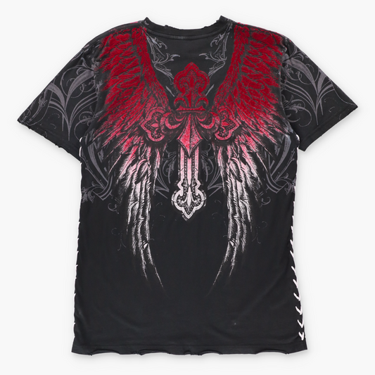AFFLICTION Vintage Y2K Black & Red Velvet Detail Cross Wings USA Made Tee (M TALL) ***COCO Vintage Sole Melbourne