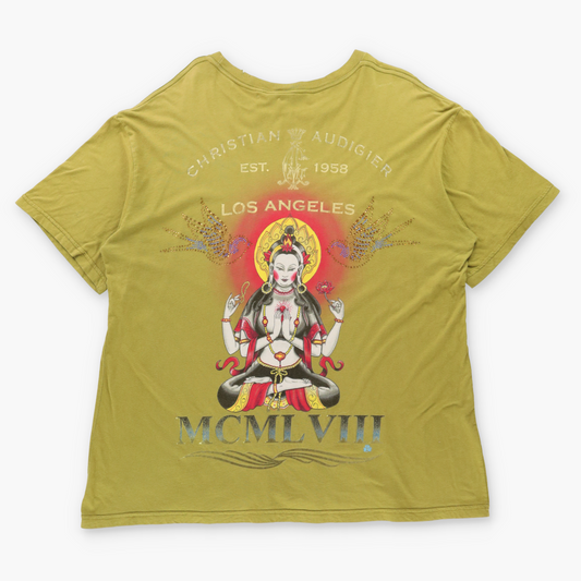 Vintage CHRISTIAN AUDIGIER "Heart Breaker" Gold Foil Logo Embellished Deity Pale Green Y2K Tee USA Made (XXL) ***COCO Vintage Sole Melbourne