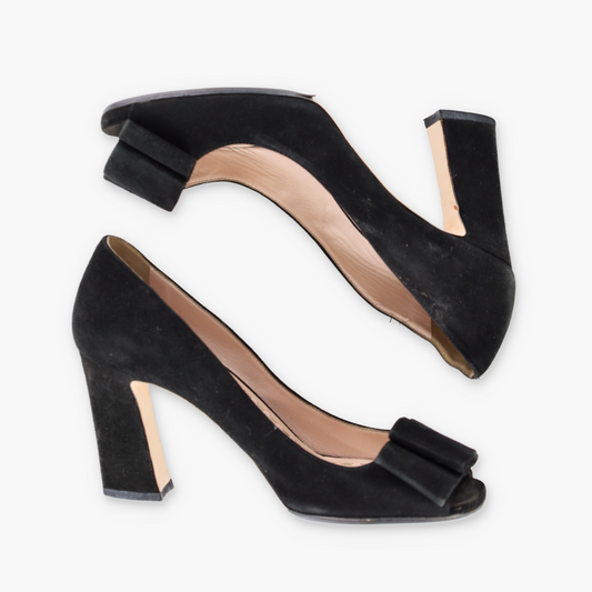 MIU MIU Suede Double Bow Peep Toe Black Italy Made Pump Heels (36)