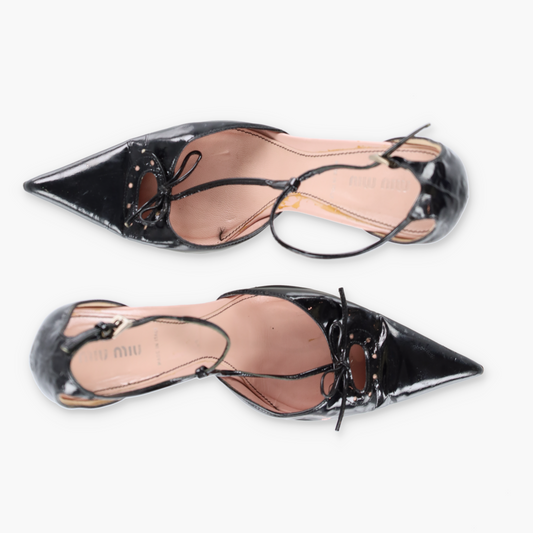 MIU MIU Patent Leather Bow Italy Made Pointed Toe Stiletto Heels (39.5)