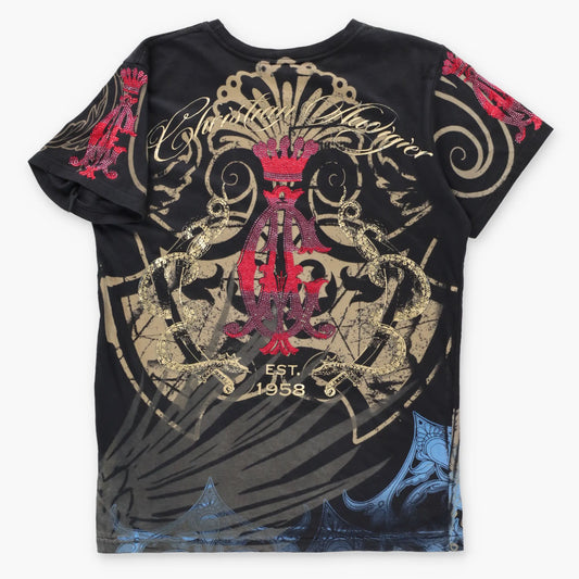 Vintage CHRISTIAN AUDIGIER Rhinestone Logo & Gold Foil Snakes All Over Print Y2K Tee USA Made (S)