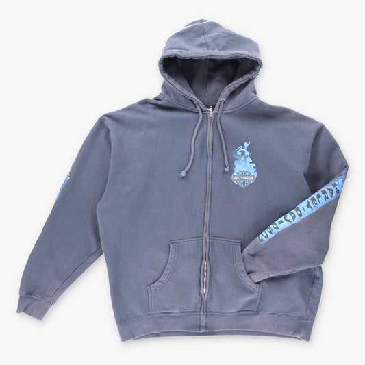Vintage HARLEY DAVIDSON 'Four Rivers' Lady Blue Flame Zip Up Hooded Sweatshirt (XL) Vintage Sole Melbourne