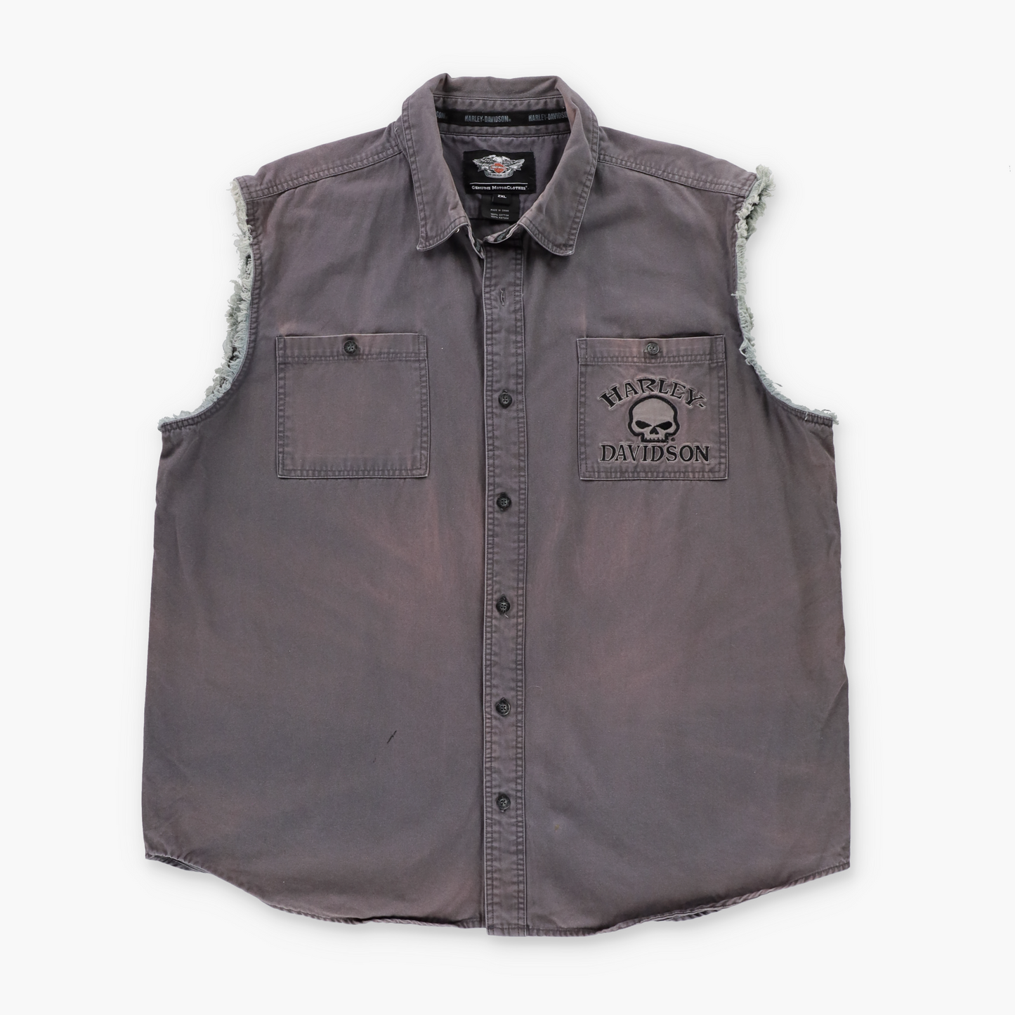 HARLEY DAVIDSON Grey Embroidered Willie G Skull Sleeveless Button Down Vest (XXL)