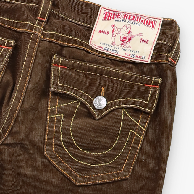 TRUE RELIGION Brown Corduroy 'Joey Big T' USA Made Flare Jeans (36 x 33)