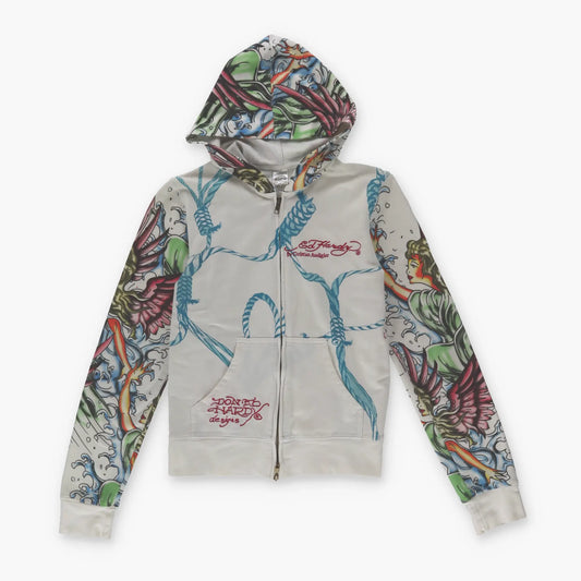 ED HARDY Christian Audigier Y2K Embellished Colourful Goddess Zip-Up Sweatshirt (S) Vintage Sole Melbourne