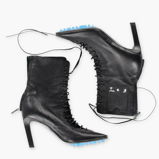 Vintage OFF-WHITE Leather Lace-Up Card Holder Black Heeled Boots (38) *Aubs Vintage Sole Melbourne