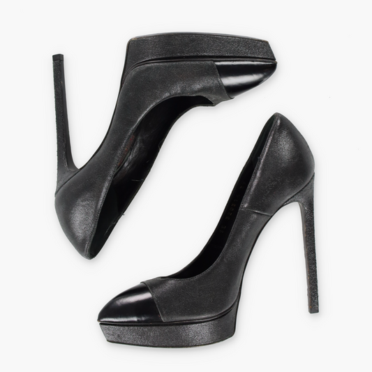 Vintage SAINT LAURENT Black & Silver Cap Toe Platform Pump Heels (37) *Aubs Vintage Sole Melbourne