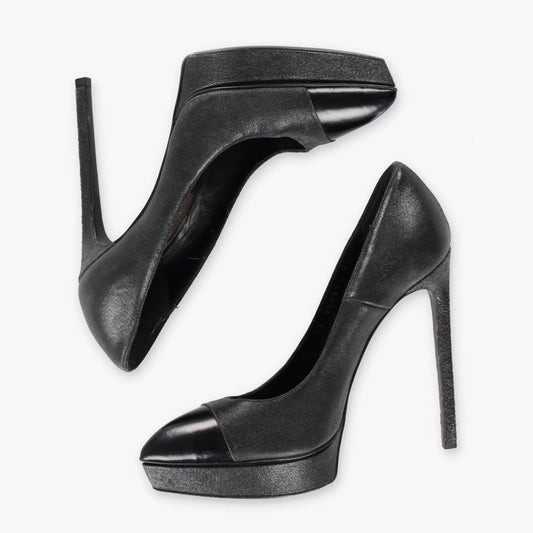 Vintage SAINT LAURENT Black & Silver Cap Toe Platform Pump Heels (37) *Aubs Vintage Sole Melbourne
