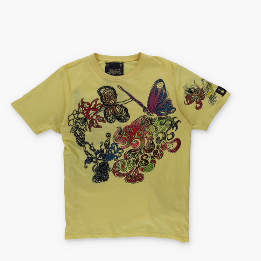 ELVIS JESUS Y2K Embellished Butterfly Double Sided Graphic Yellow T-Shirt (XS-S)