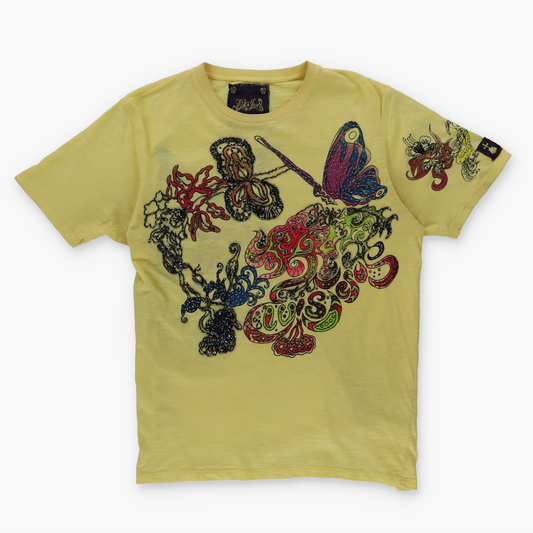 ELVIS JESUS Y2K Embellished Butterfly Double Sided Graphic Yellow T-Shirt (XS-S)