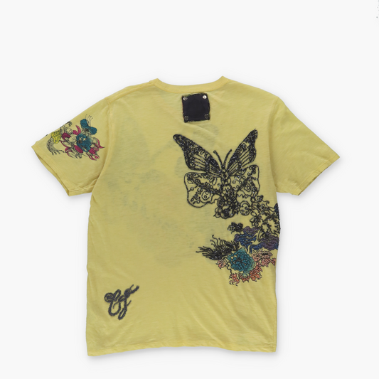 ELVIS JESUS Y2K Embellished Butterfly Double Sided Graphic Yellow T-Shirt (XS-S)