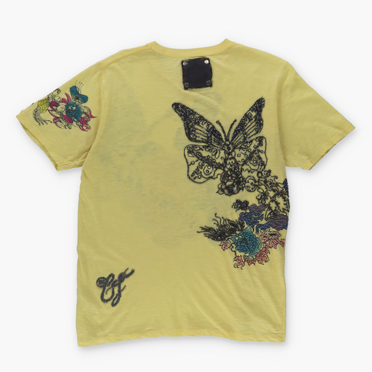 ELVIS JESUS Y2K Embellished Butterfly Double Sided Graphic Yellow T-Shirt (XS-S)