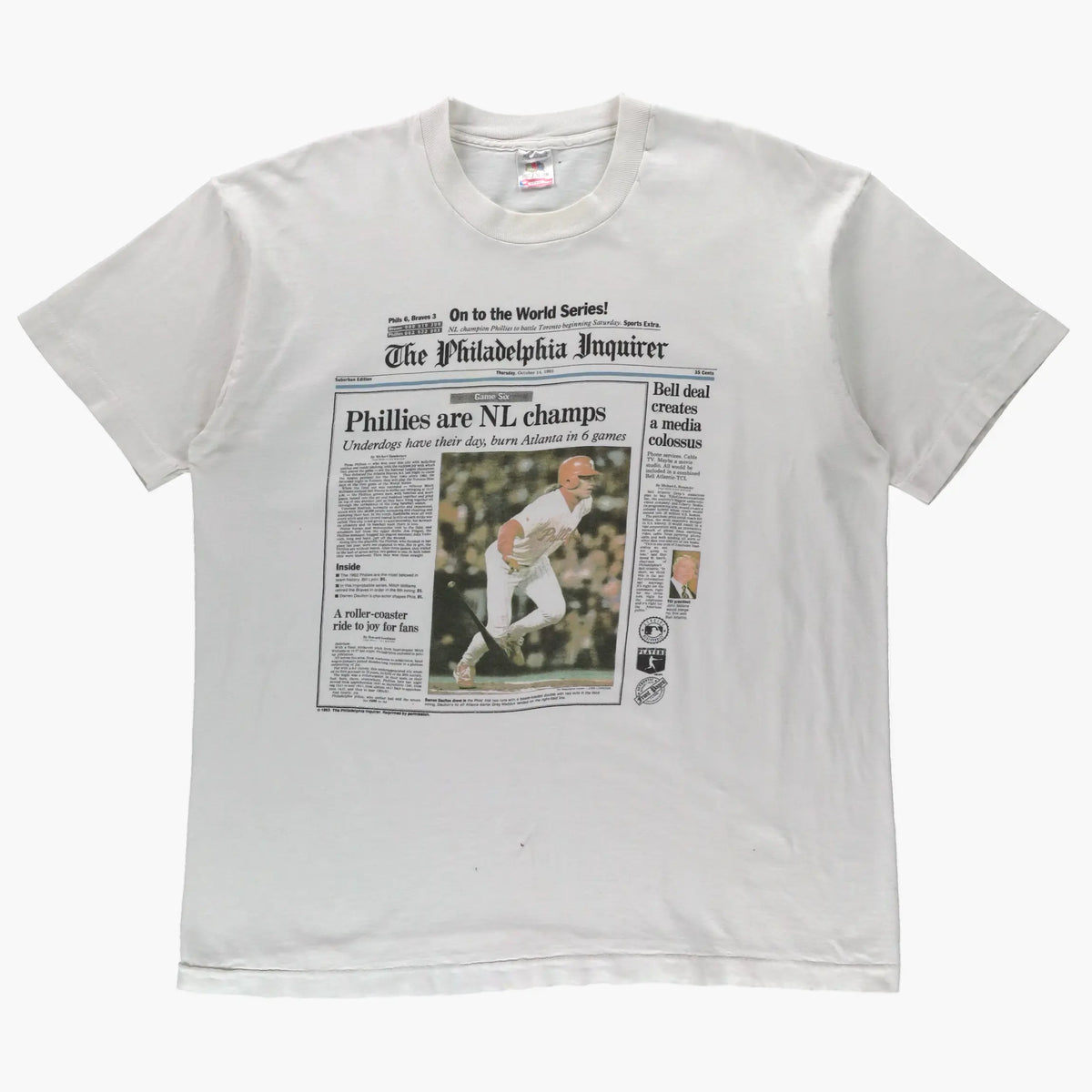 Vintage 1993 Philadelphia Phillies Newspaper Article Single Stitch White MLB Tee USA Made (L-XL) - Vintage Sole Melbourne