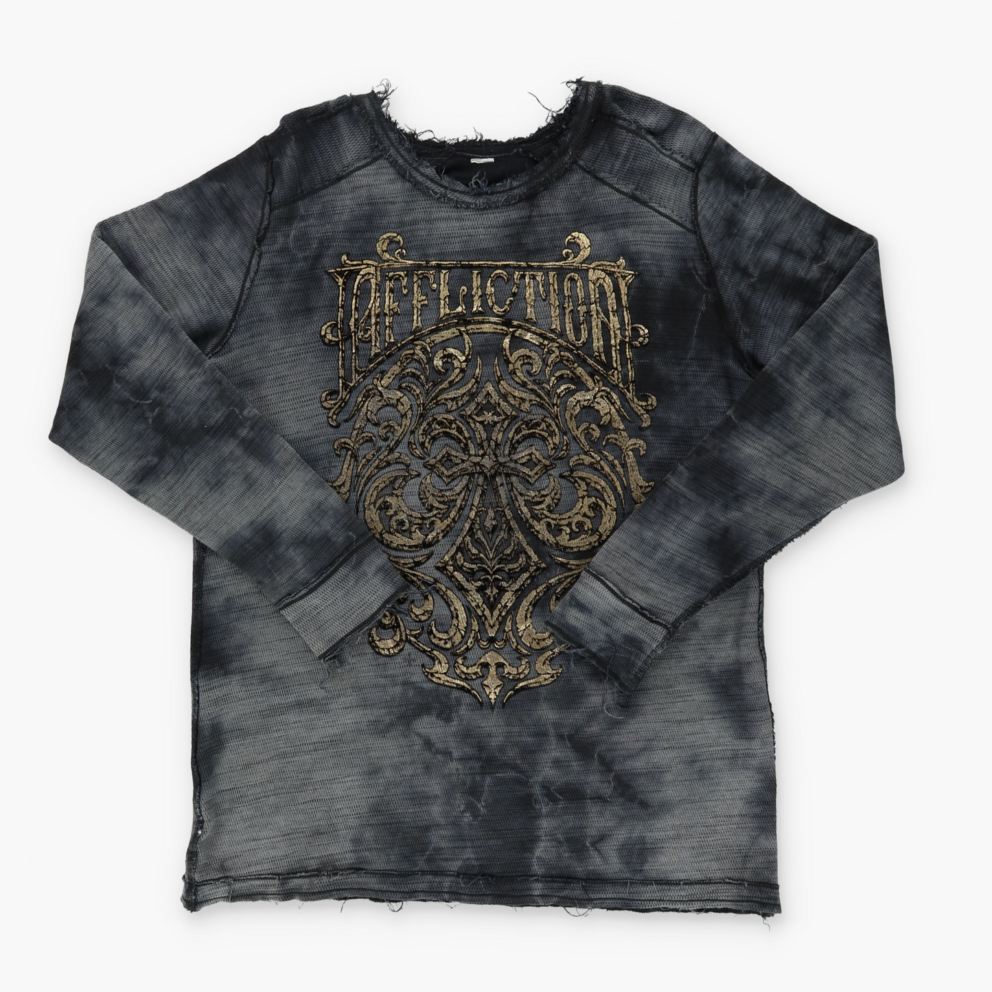 AFFLICTION Y2K Distressed Reversible Gold Letter Long Sleeve Tee (L-XL)