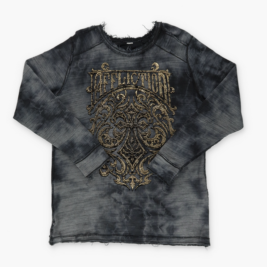 AFFLICTION Y2K Distressed Reversible Gold Letter Long Sleeve Tee (L-XL)
