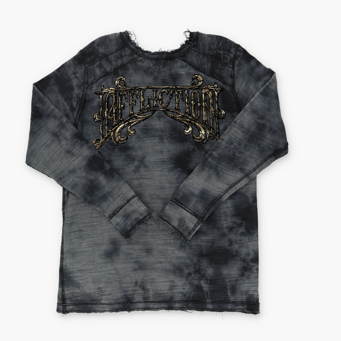 AFFLICTION Y2K Distressed Reversible Gold Letter Long Sleeve Tee (L-XL)