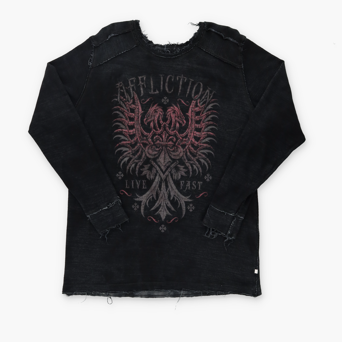 AFFLICTION Y2K Distressed Reversible Gold Letter Long Sleeve Tee (L-XL)