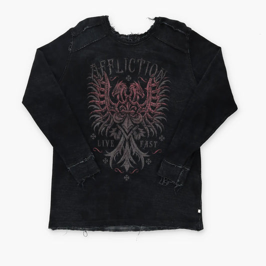 AFFLICTION Y2K Distressed Reversible Gold Letter Long Sleeve Tee (L-XL) Vintage Sole Melbourne