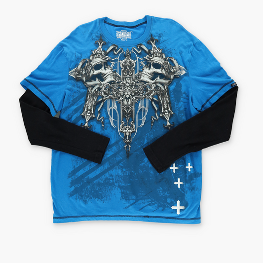 MMA ELITE Y2K Grunge Skull Cross Blue & Black Long Sleeve Tee (XXL)