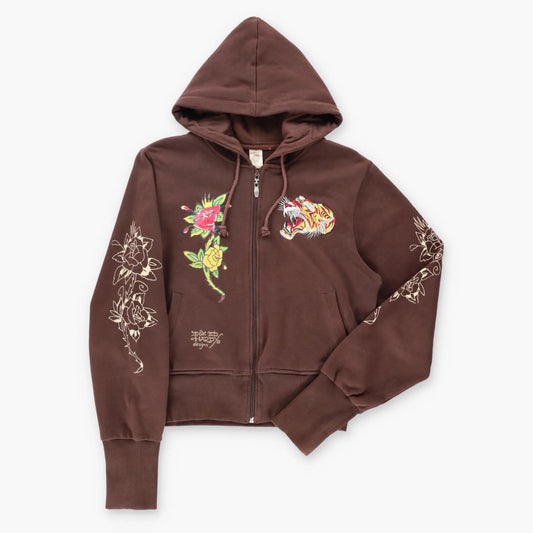 Vintage ED HARDY Embroidered Tiger Y2K Style Brown Hoodie Sweatshirt (S-M) Vintage Sole Melbourne