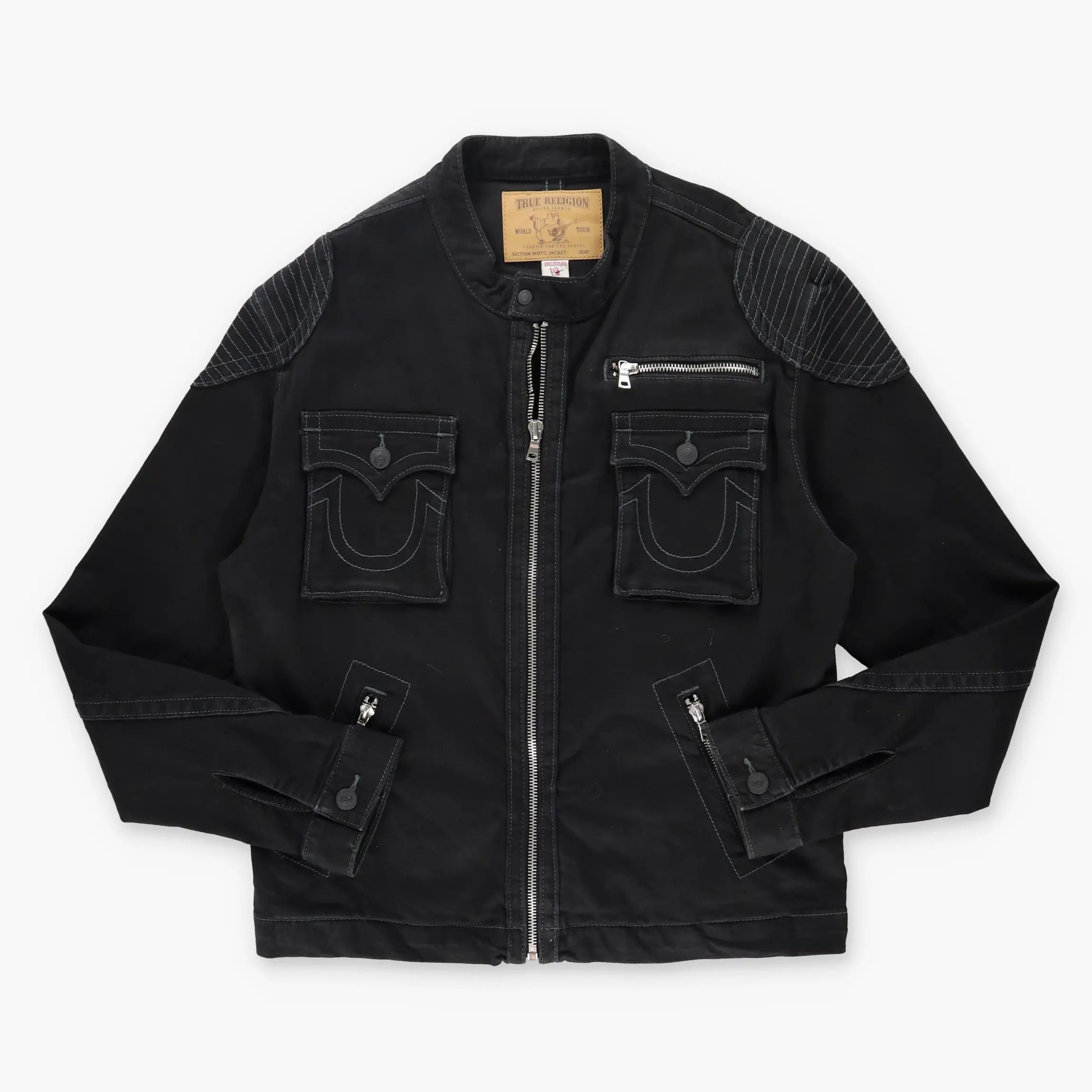 TRUE RELIGION Y2K Black Contrast Stitch Denim Motorcycle Jacket