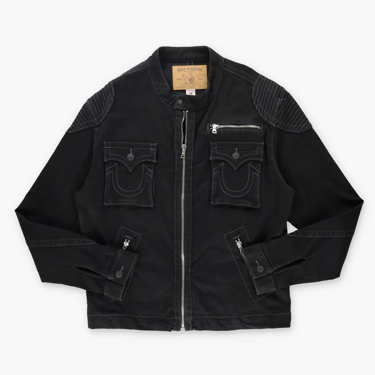 TRUE RELIGION Y2K Black Contrast Stitch Denim Motorcycle Jacket (XL-XXL) - Vintage Sole Melbourne