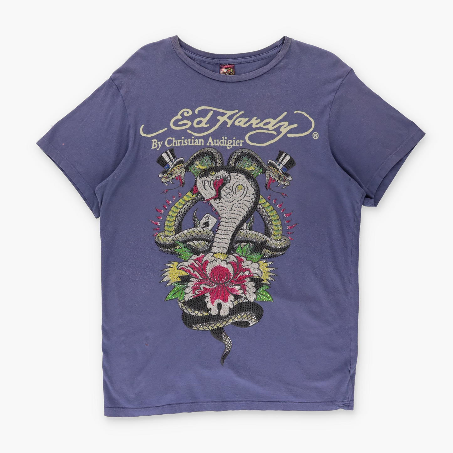 ED HARDY X CHRISTIAN AUDIGIER Y2K Embellished Snake USA Made Purple T-Shirt (L)