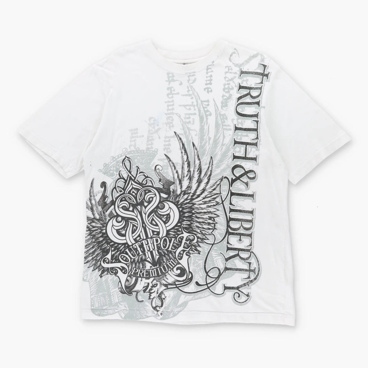 Vintage SOUTHPOLE Y2K Glitter Wing Script 'Truth & Liberty' White & Silver T-Shirt (M)