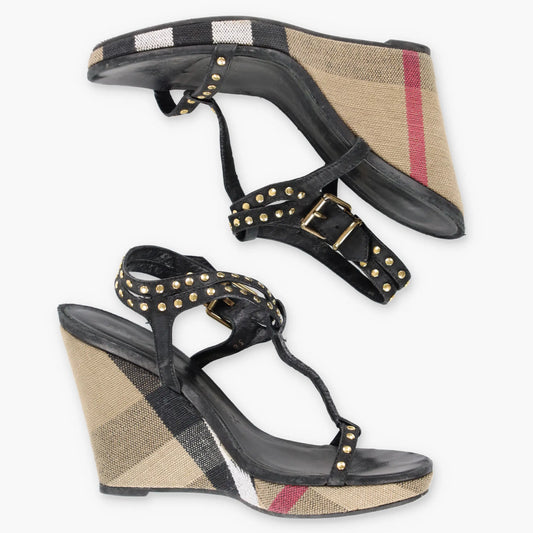 Vintage BURBERRY Signature Plaid Italian Made Studded Strappy Sandal Wedges (6-6.5)