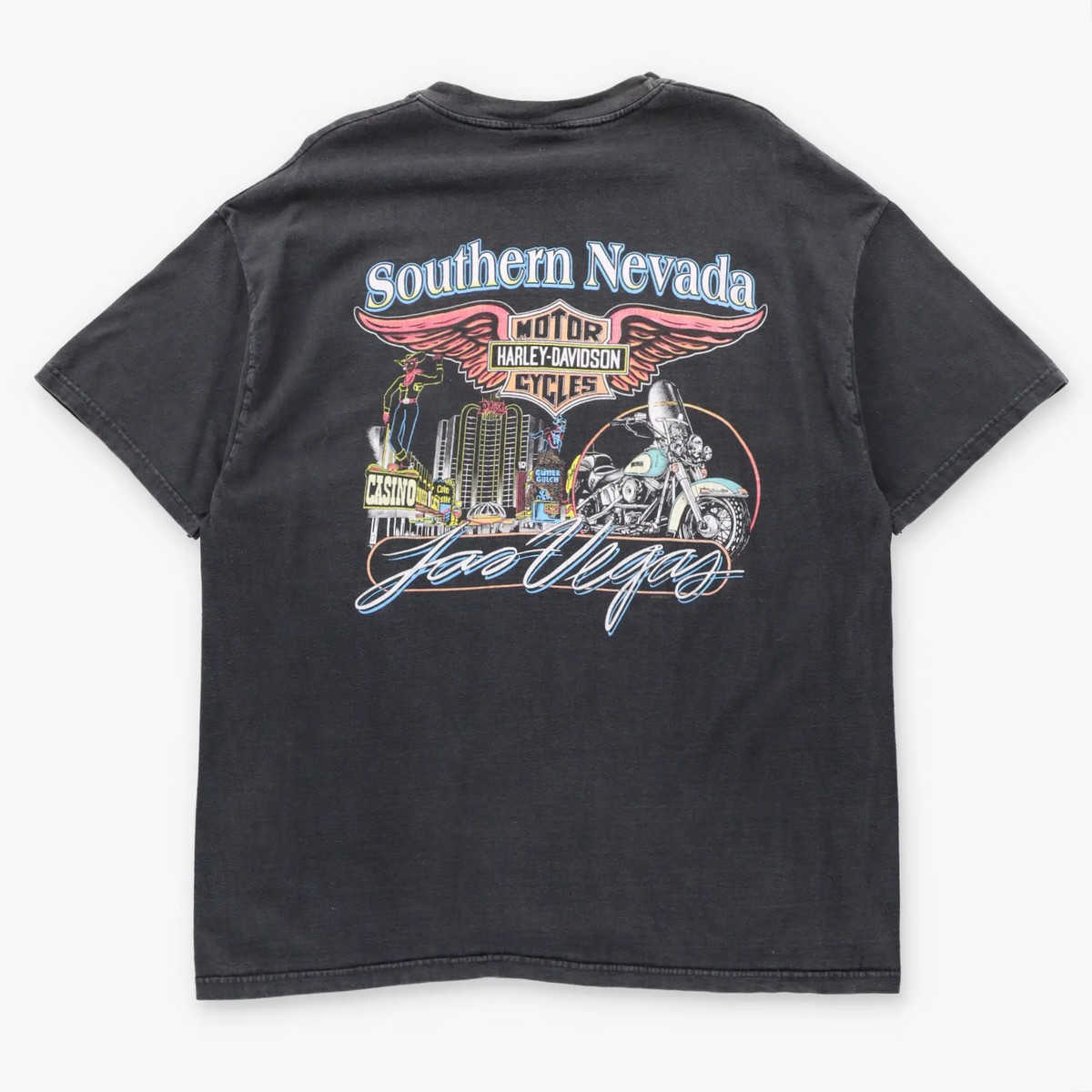 Vintage HARLEY DAVIDSON Motorcycle & Cityscape Las Vegas Southern Nevada USA Made T-Shirt (XL)