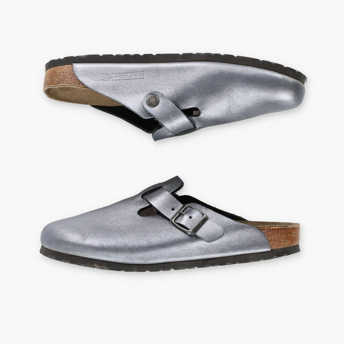 BIRKENSTOCK Silver Buckle Strap Leather Clog Sandals (40)
