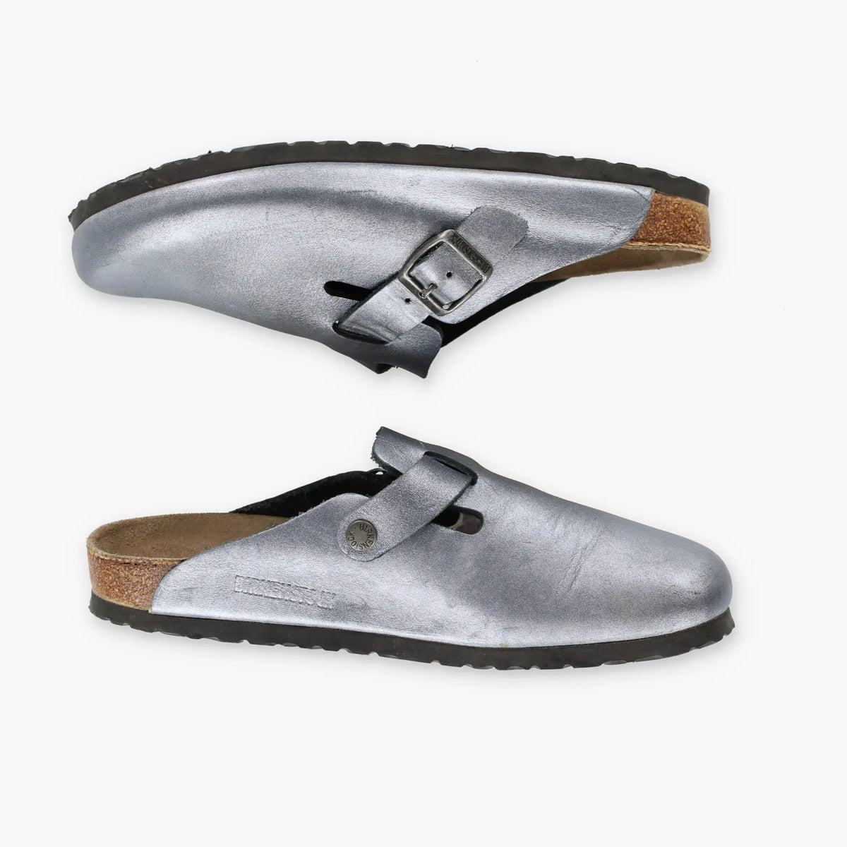 BIRKENSTOCK Silver Buckle Strap Leather Clog Sandals (40)