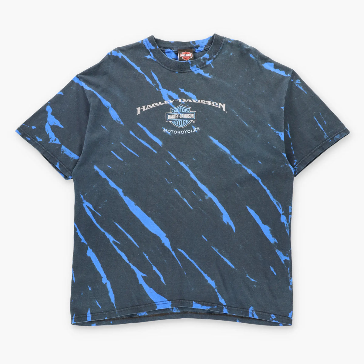 Vintage HARLEY DAVIDSON Shimmer Spell Out Logo Black & Blue Embroidered "Motorcycles" Tee (XL)