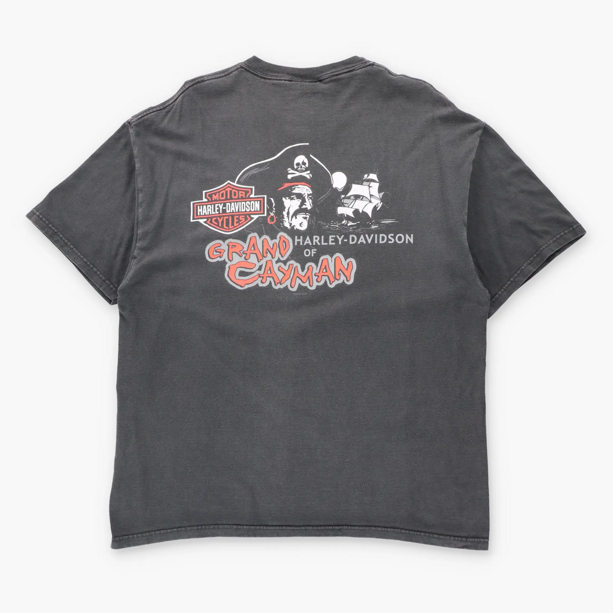 HARLEY DAVIDSON "100 Years And Still Evolving!" Cayman Islands Pirate Faded Black Tee USA Made (XL)