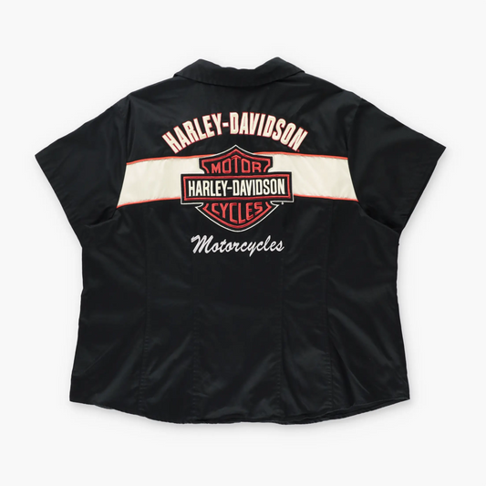 HARLEY DAVIDSON Embroidered Spell Out Logo Full Zip Short Sleeve Biker Shirt (Women's L) ***COCO Vintage Sole Melbourne