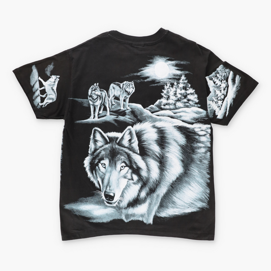 1994 Vintage HARLEQUIN Wolf All Over Print Black & White T-Shirt (L) Vintage Sole Melbourne