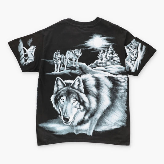 1994 Vintage HARLEQUIN Wolf All Over Print Black & White T-Shirt (L) Vintage Sole Melbourne