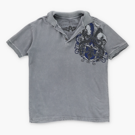 Vintage AFFLICTION Y2K Skull Grey Distressed USA Made Polo Shirt (M) Vintage Sole Melbourne