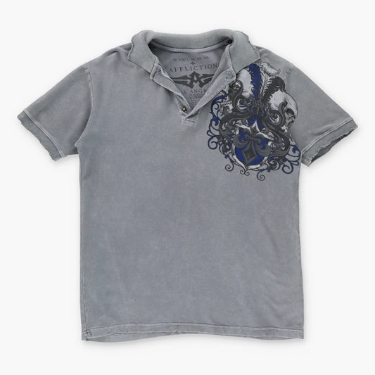 Vintage AFFLICTION Y2K Skull Grey Distressed USA Made Polo Shirt (M) Vintage Sole Melbourne