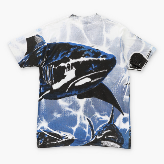 Vintage BLACK SAND 90's Shark Ocean All Over Print Single Stitch T-Shirt (XL)