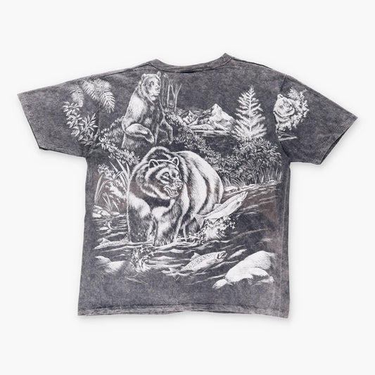 Vintage Grizzly Bear Wildlife Harlequin All Over Print White & Grey USA Made T-Shirt (XL) Vintage Sole Melbourne