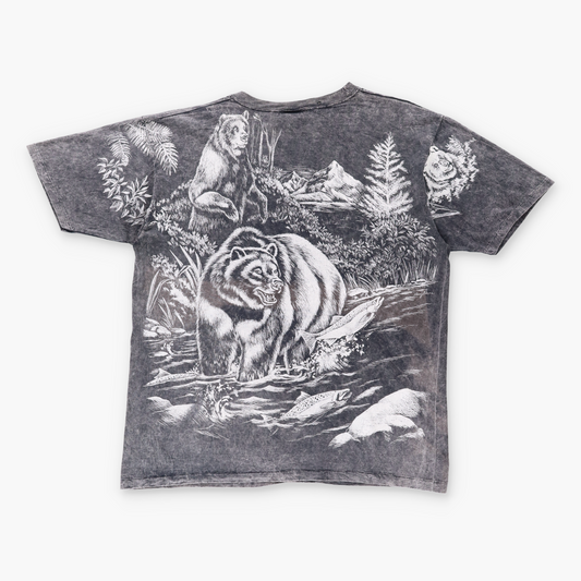 Vintage Grizzly Bear Wildlife Harlequin All Over Print White & Grey USA Made T-Shirt (XL)