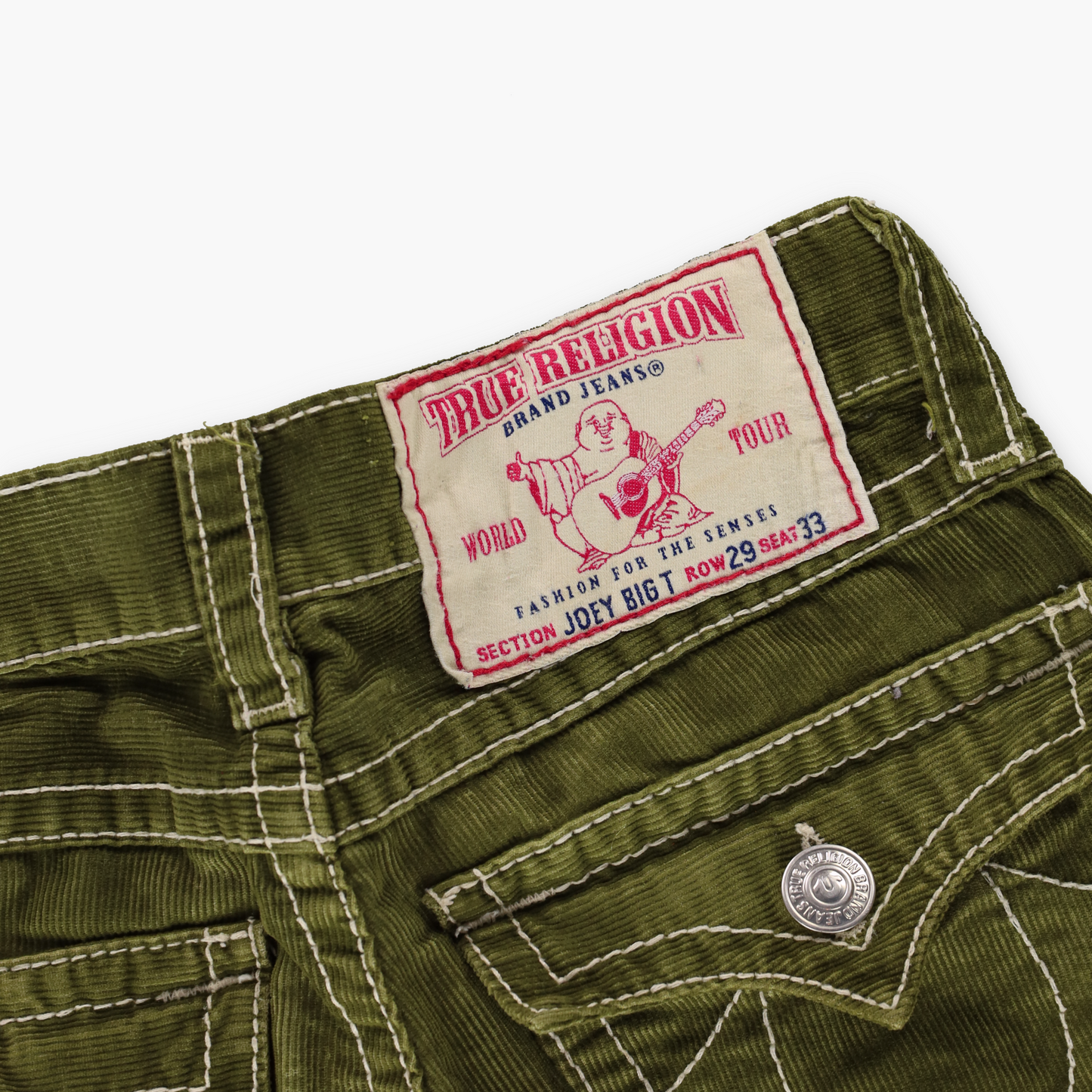 TRUE RELIGION Y2K 'Joey Big T' Corduroy Flare USA Made Green Fade Jeans (29 x 33)