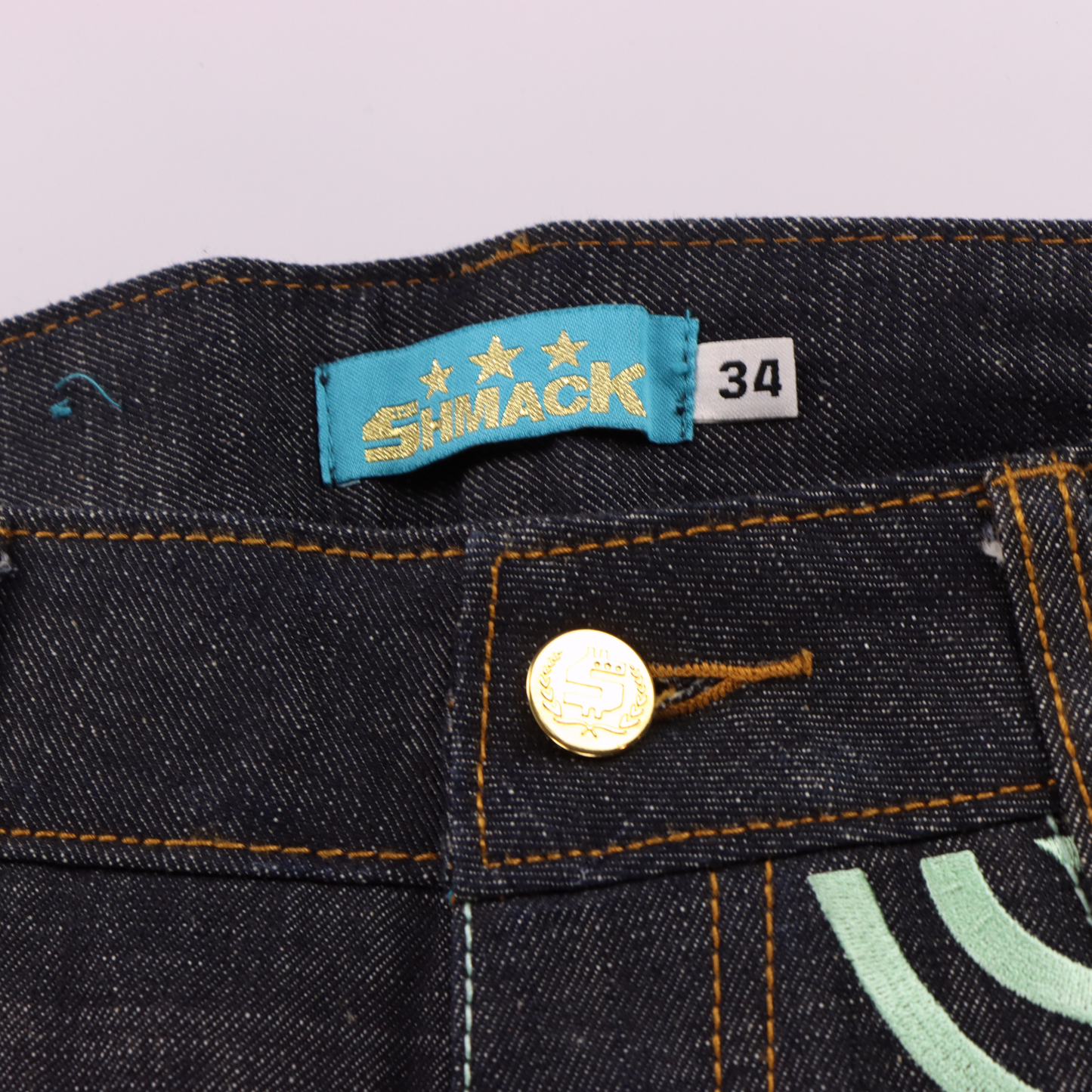 SMACKS Y2K 'S' Embroidered Blue Swirl Dark Wash Jeans (34)