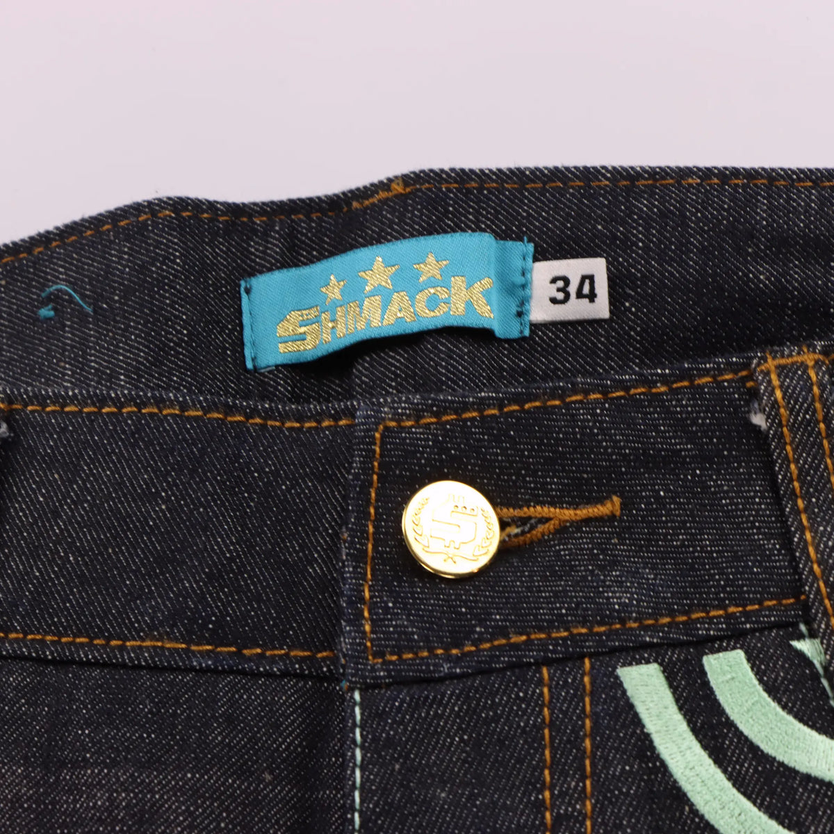 SMACKS Y2K 'S' Embroidered Blue Swirl Dark Wash Jeans (34) Vintage Sole Melbourne