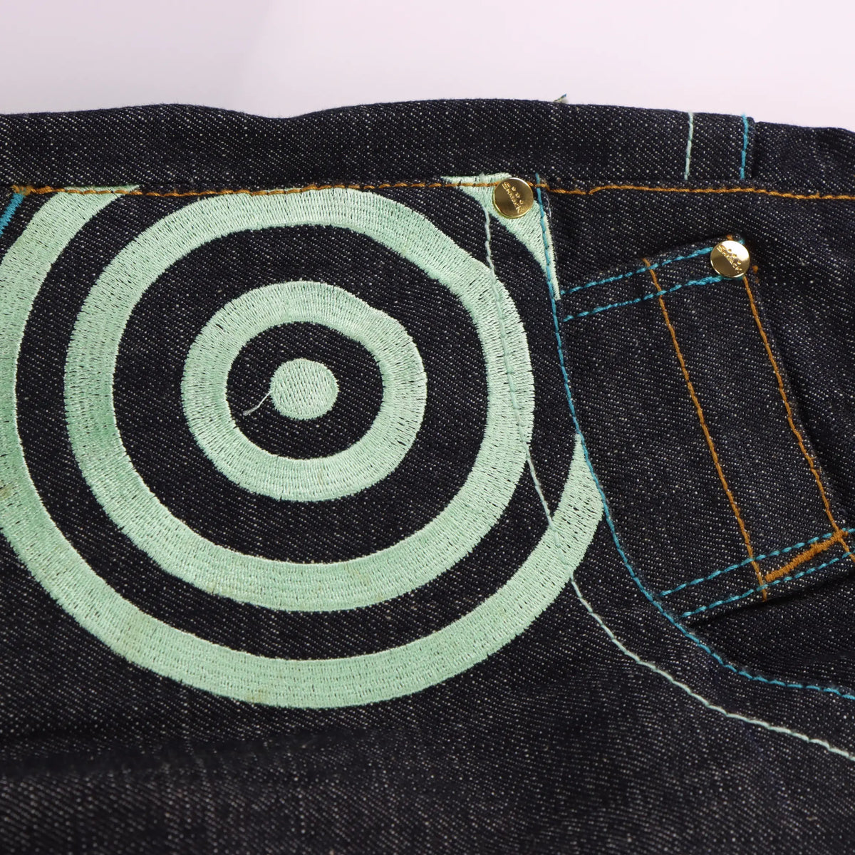 SMACKS Y2K 'S' Embroidered Blue Swirl Dark Wash Jeans (34) Vintage Sole Melbourne